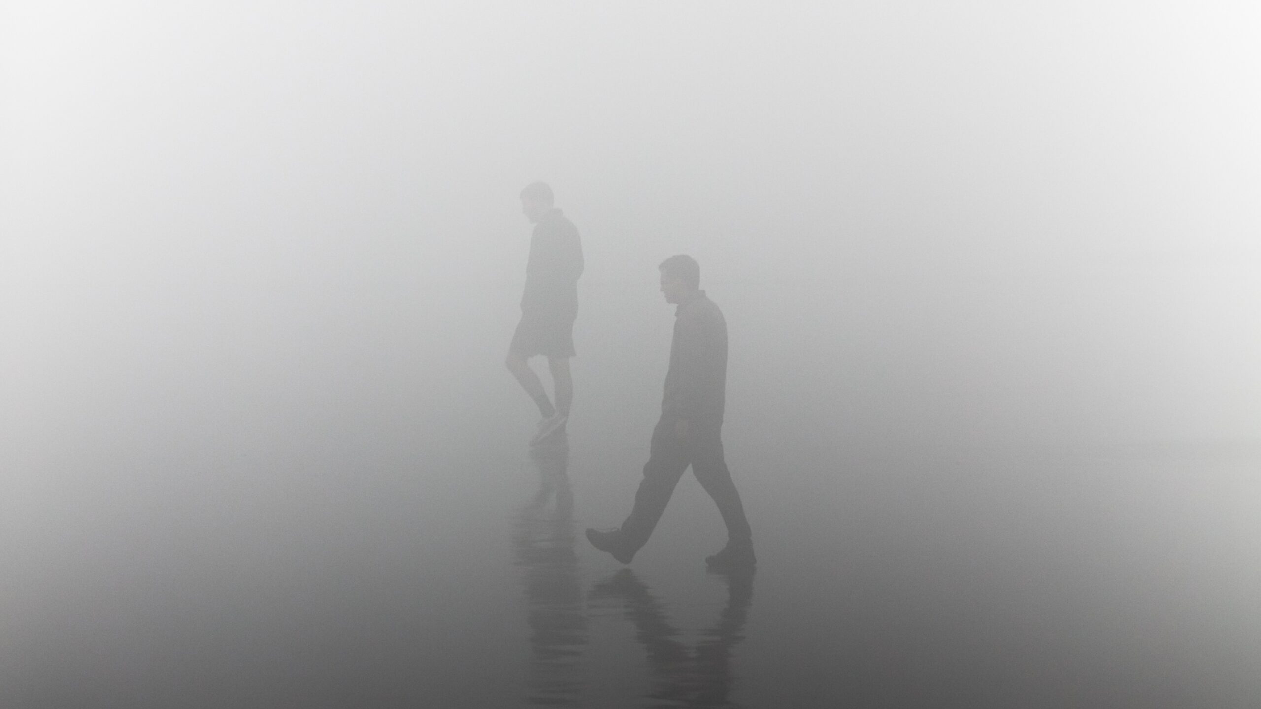 People walking through dense fog