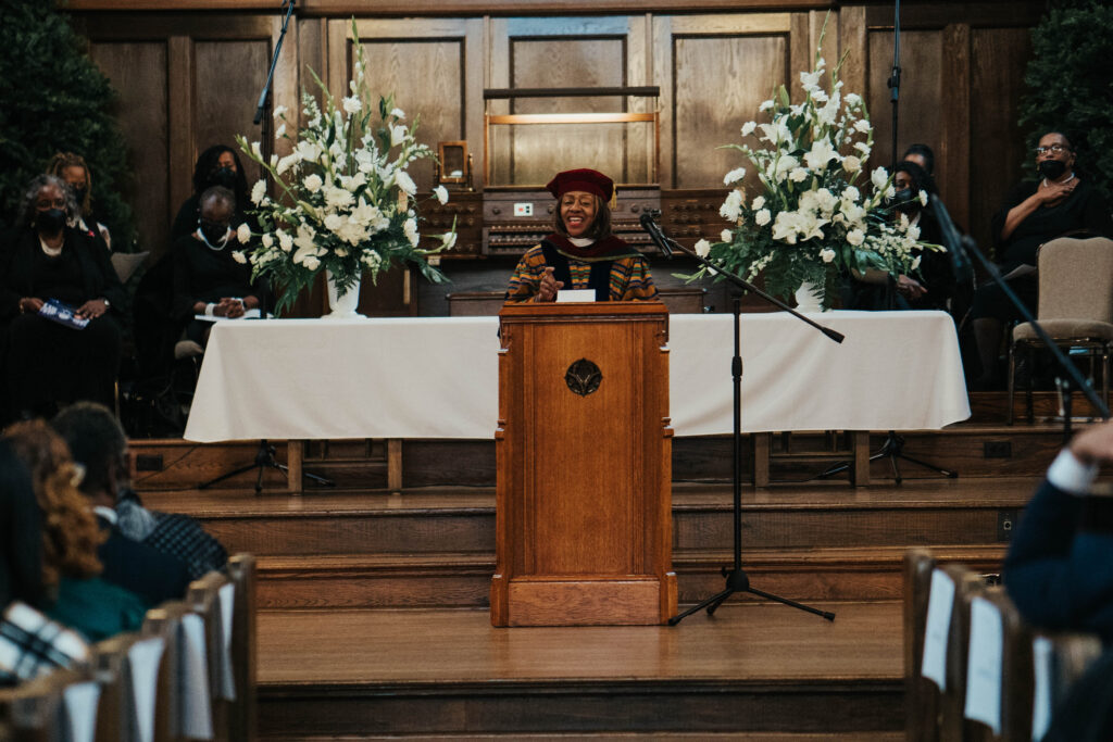 Rev. Dr. Cheryl Kirk-Duggan speaks in Wightman Chapel on January 9, 2022