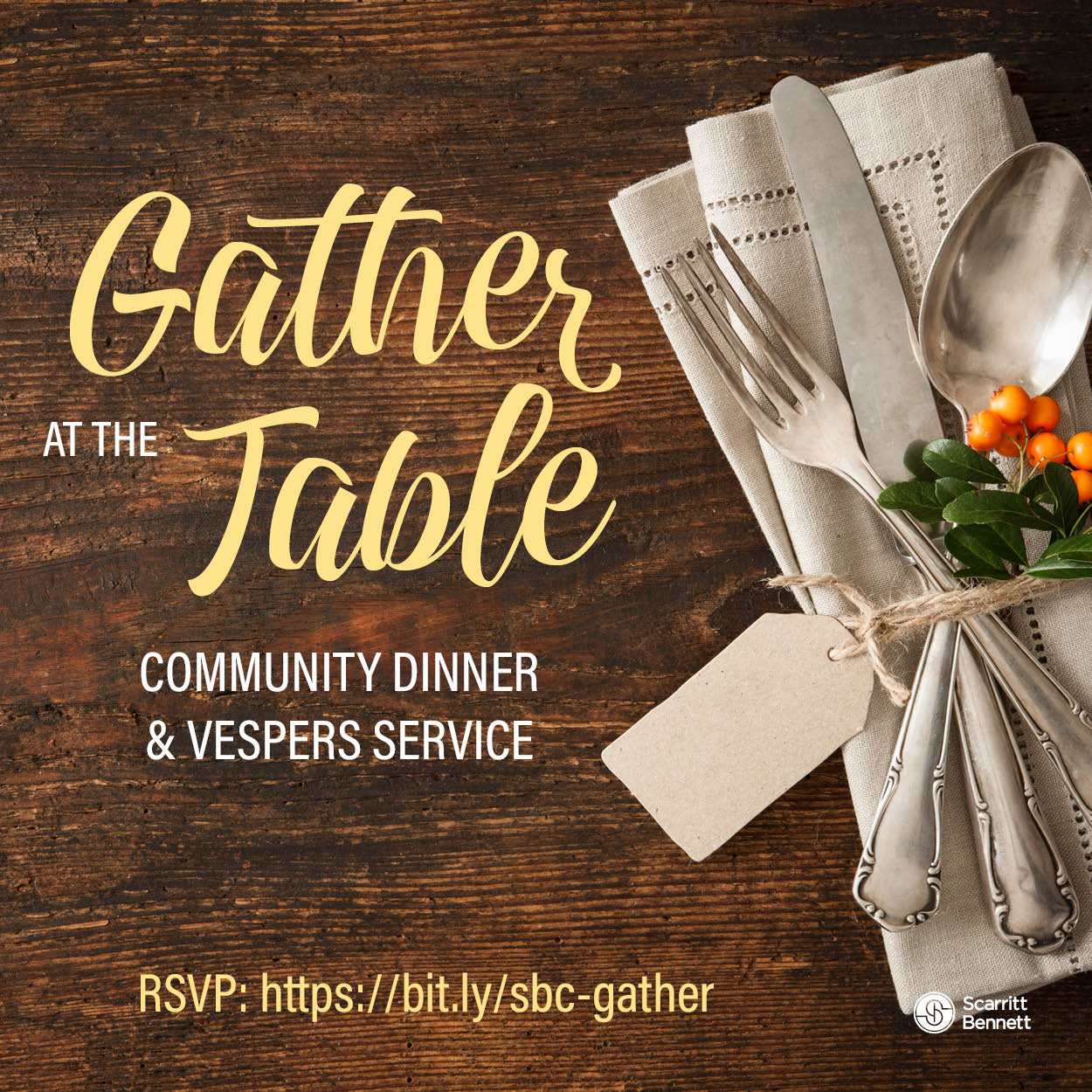 Gather at the Table: Community Dinner &amp; Vespers Service (photo of place setting on a wooden tabletop)