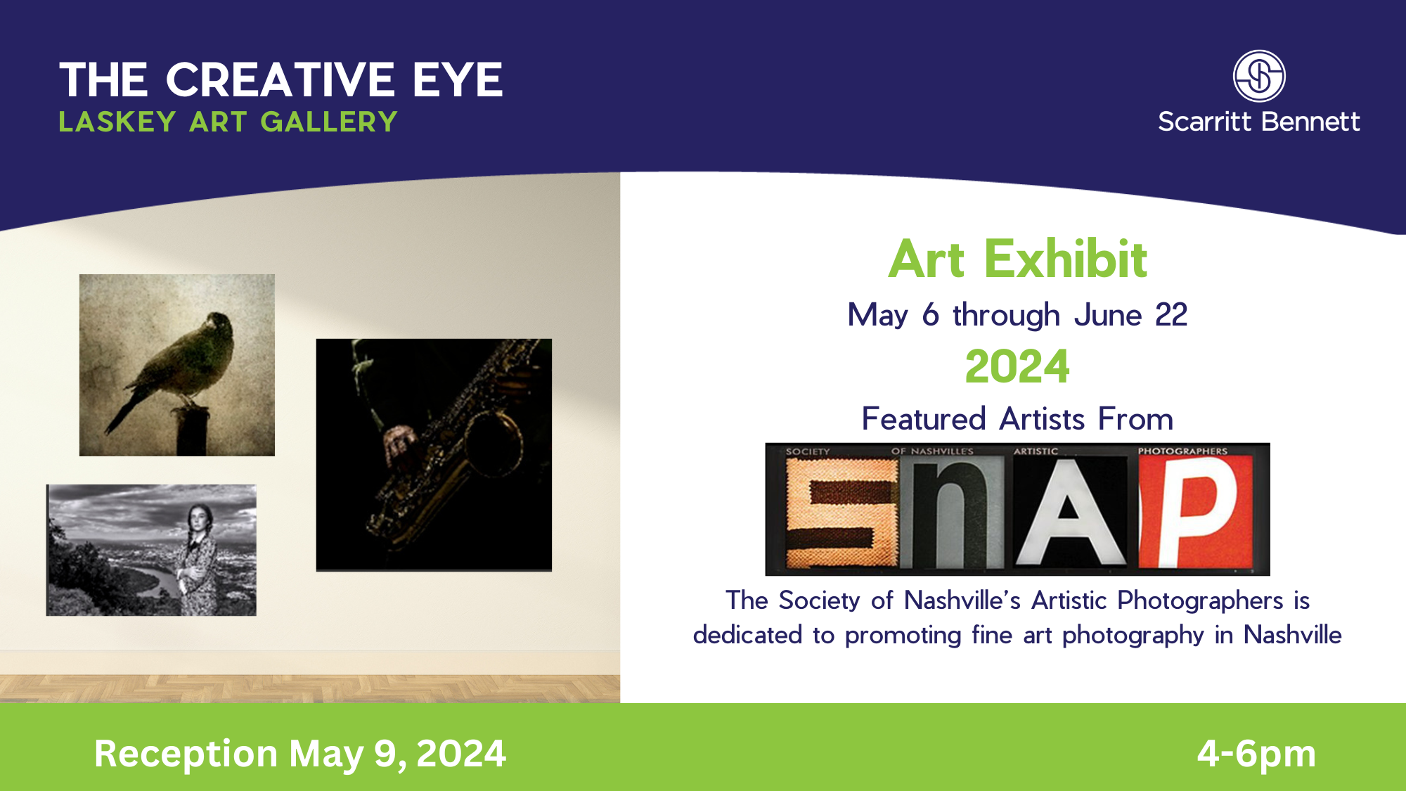 The Creative Eye art gallery exhibit of photography from the Society of Nashville's Artistic Photographers. Gallery May 6 to June 22 Reception May 9 4-6pm