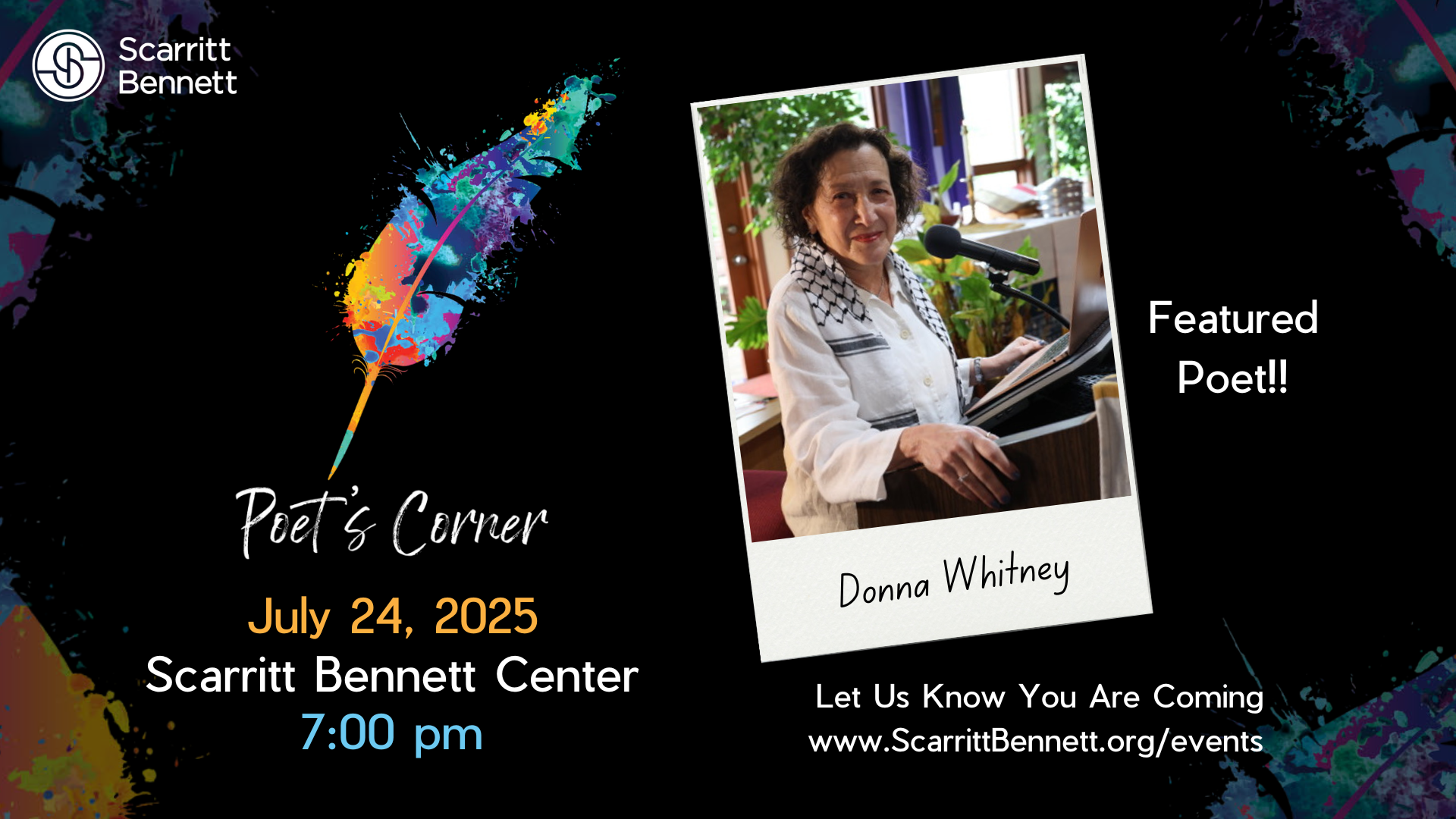 Cover image with event details including a photo of Donna Whitney in a polaroid picture frame.